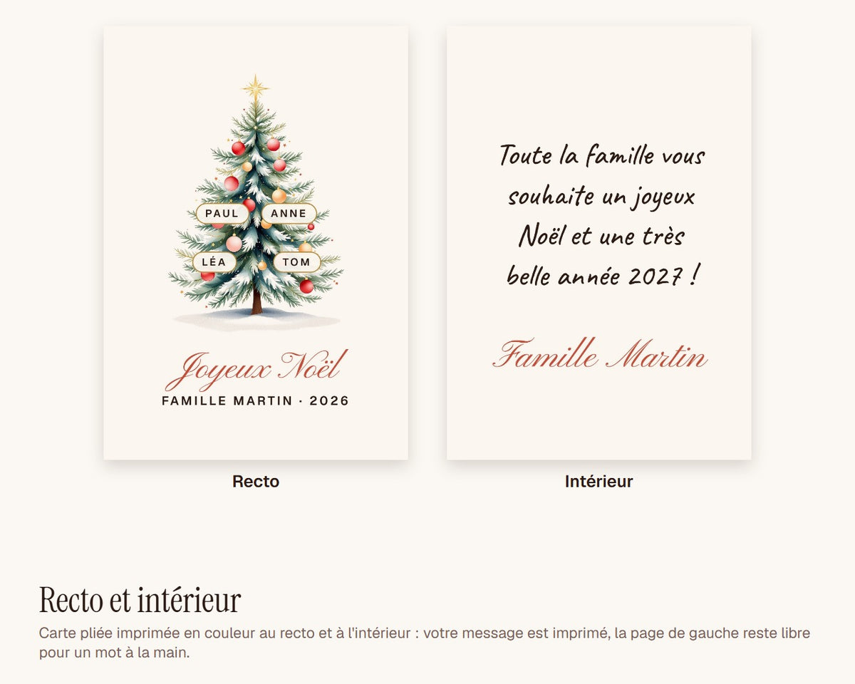 Carte de vœux sapin de famille personnalisée (lot de 10) – recto et intérieur