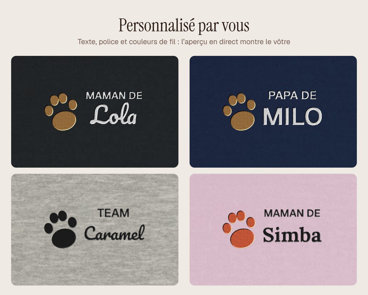 Exemples de personnalisation : Sweat brodé « Maman de » avec le nom de votre chien