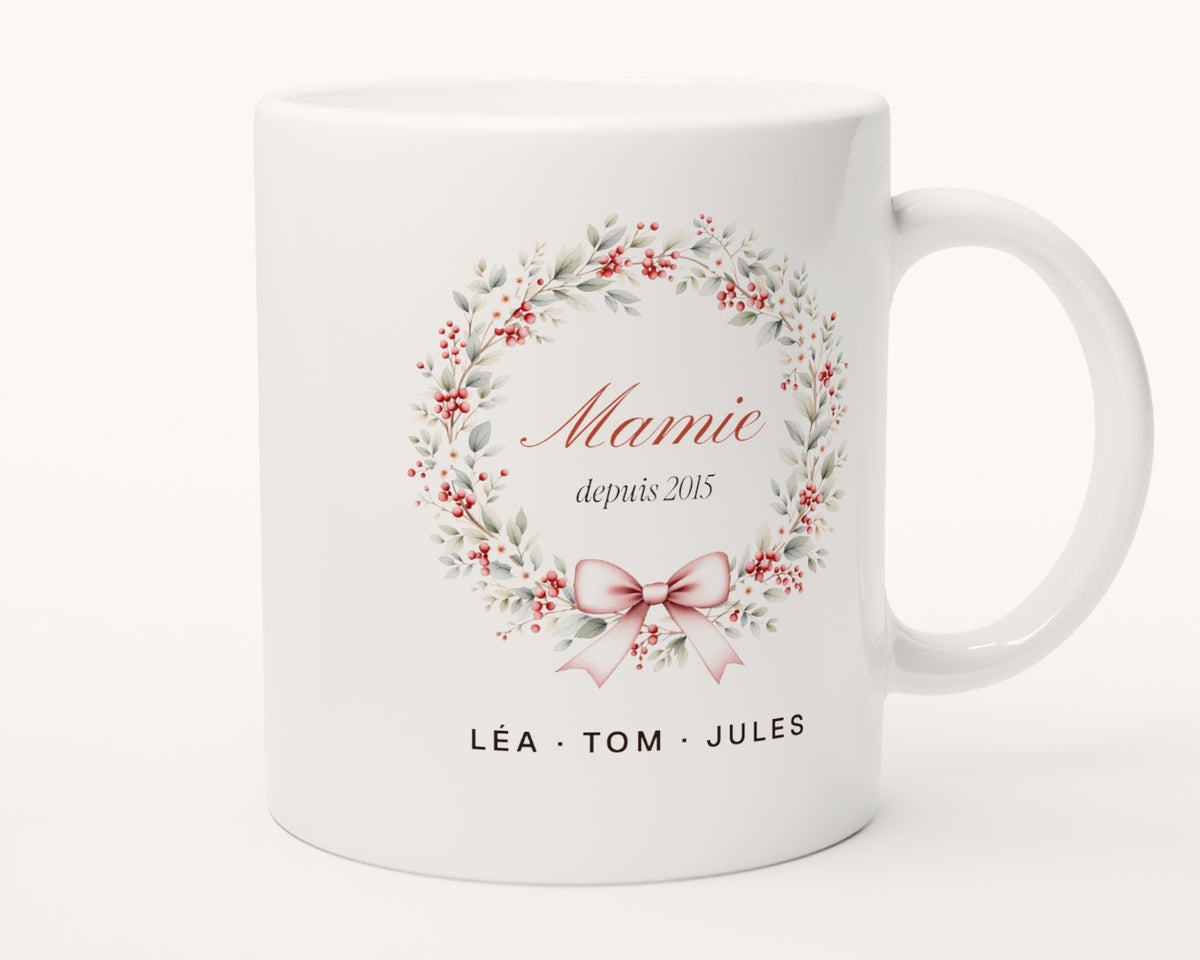 Mug « Mamie » couronne de feuillage personnalisé – autre face, anse à droite