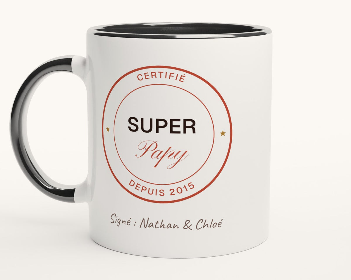 Mug « Super Papy certifié » personnalisé – intérieur et anse noirs