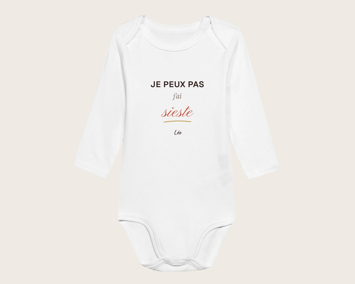 Body bébé « Je peux pas, j'ai sieste » personnalisé – body manches longues blanc