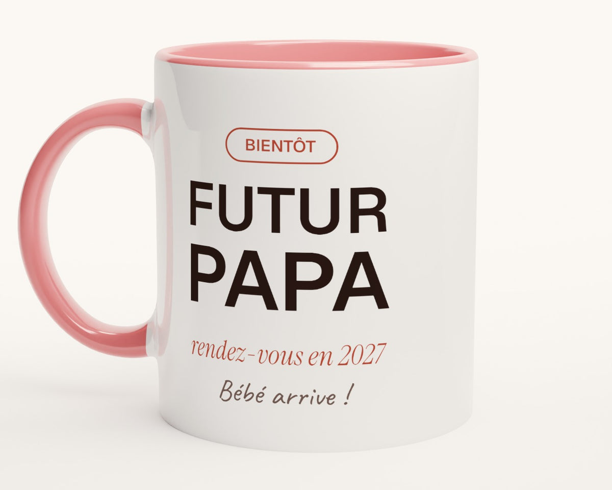 Mug personnalisé « Futur papa » annonce de grossesse – intérieur et anse roses