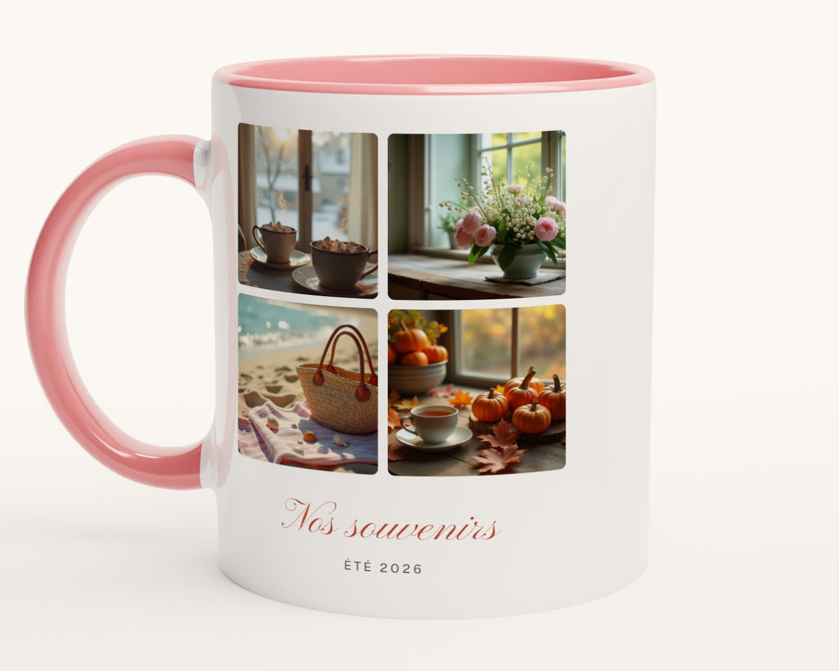 Mug collage 4 photos personnalisé – intérieur et anse roses