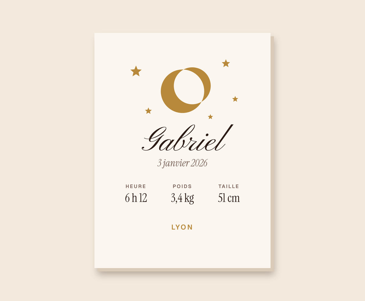 Affiche de naissance « lune et étoiles » personnalisée – Toile 30×40 cm