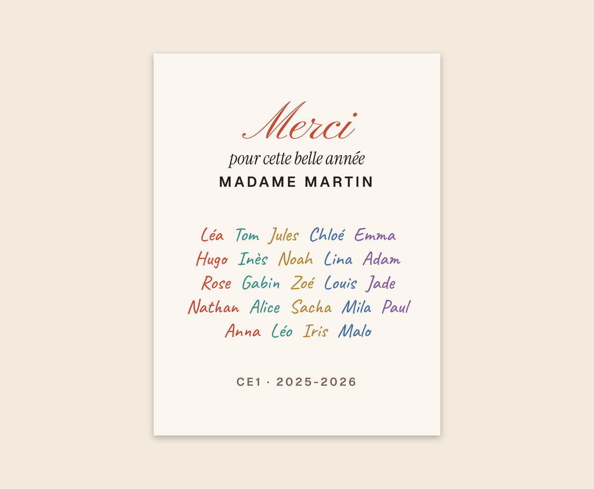 Affiche « Merci » avec les prénoms de toute la classe – Affiche 30×40 cm