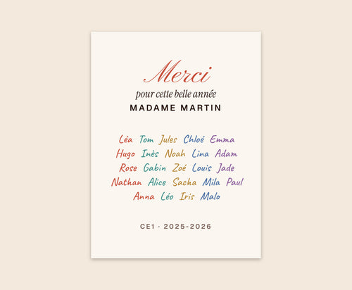 Affiche « Merci » avec les prénoms de toute la classe – Affiche 30×40 cm