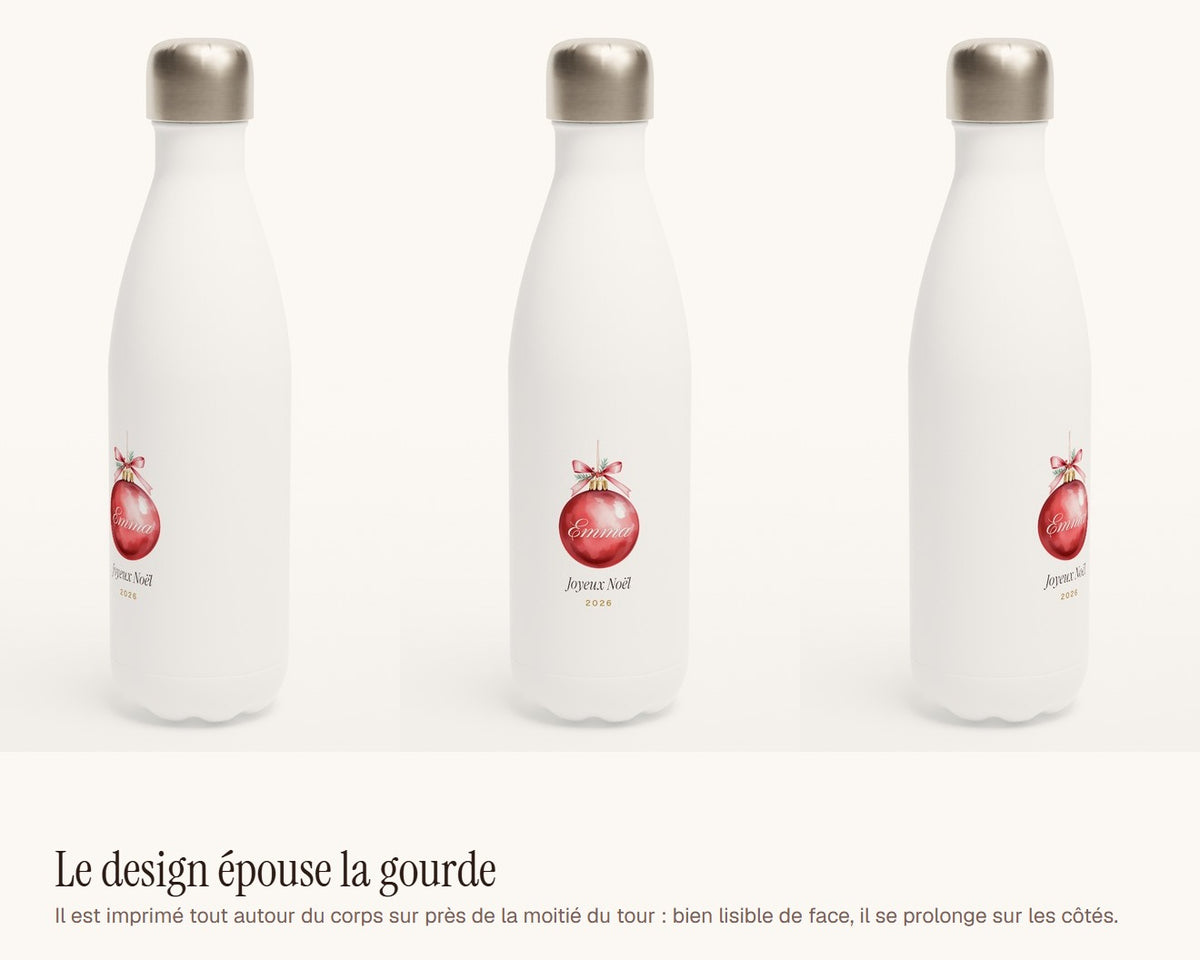 Gourde de Noël personnalisée avec prénom – le design vu de face et de côté