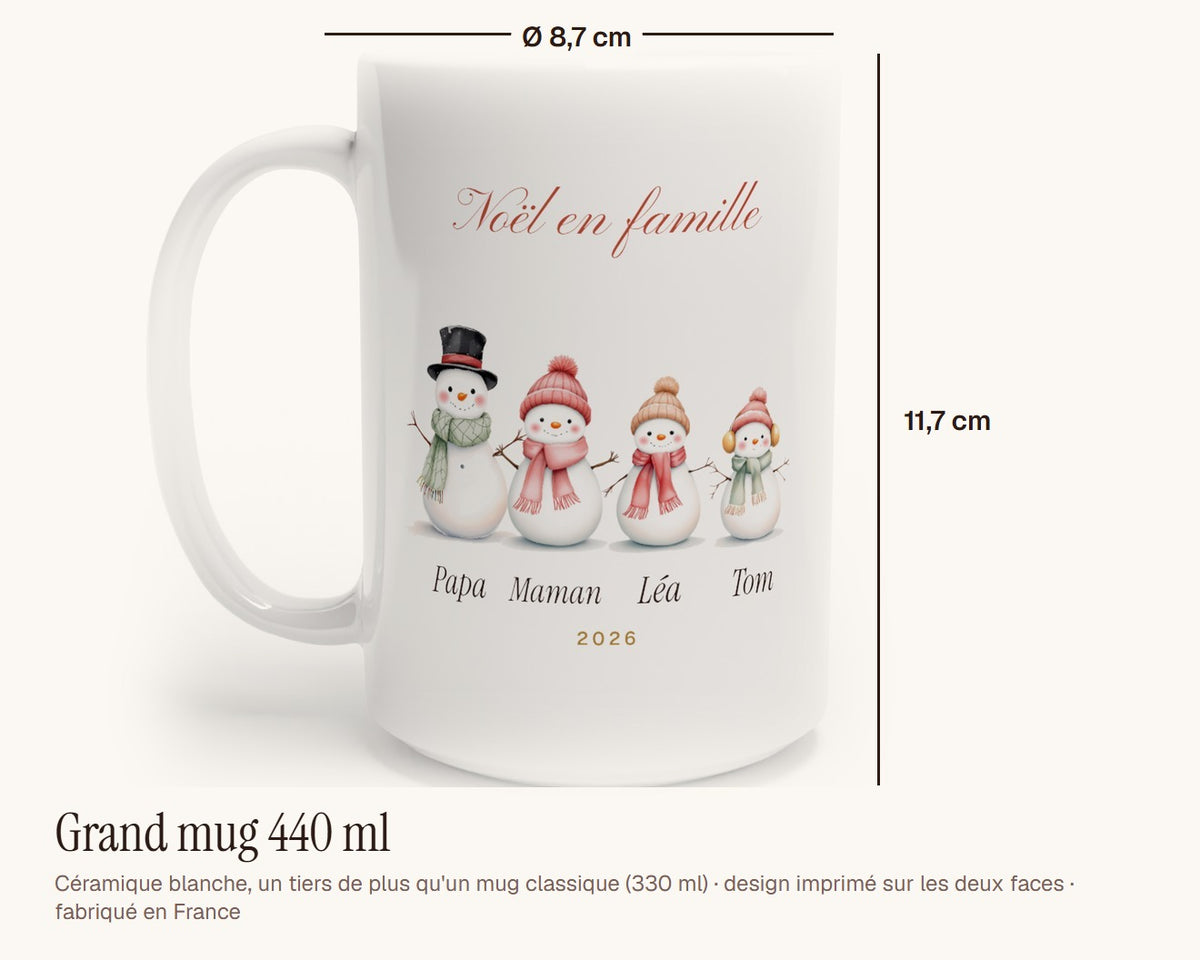 Mug bonshommes de neige de la famille personnalisé – grand mug 440 ml, 11,7 cm de haut
