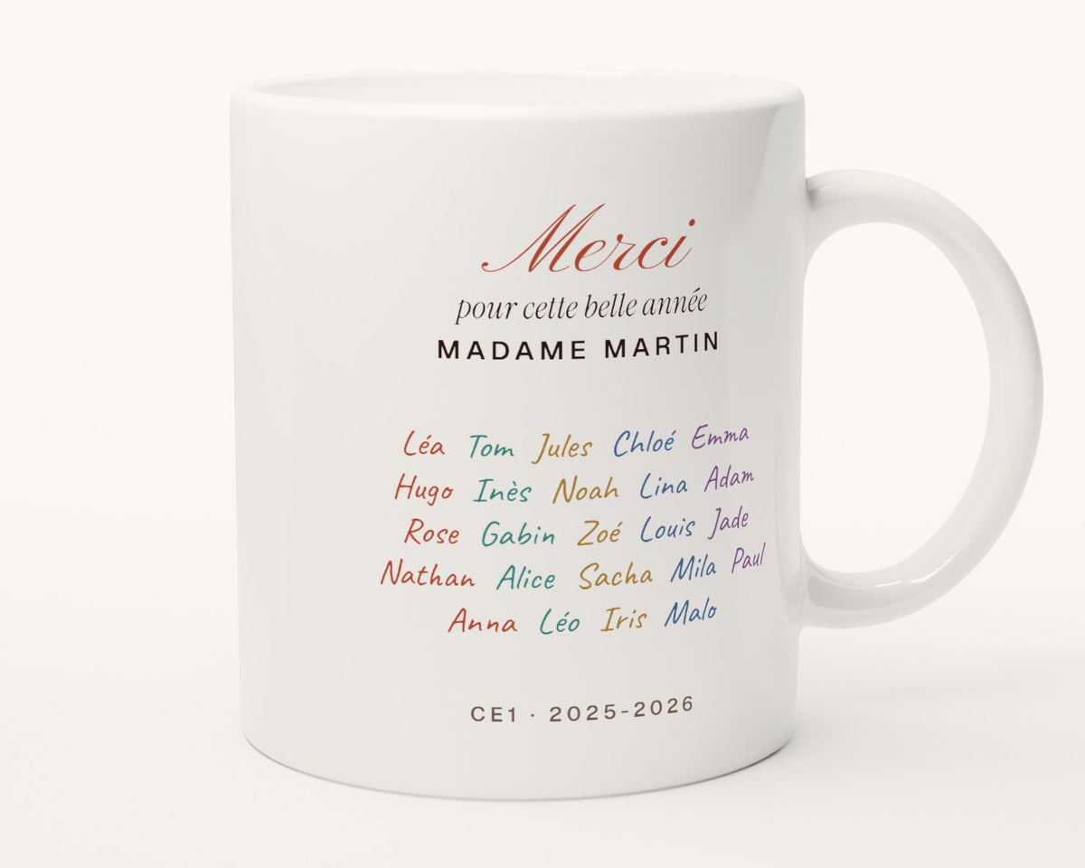 Mug « Merci » avec les prénoms de toute la classe – autre face, anse à droite