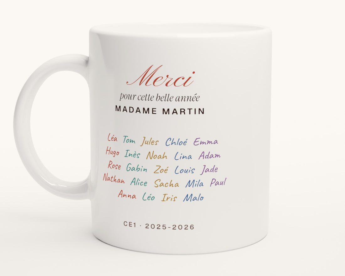 Mug « Merci » avec les prénoms de toute la classe – photo produit