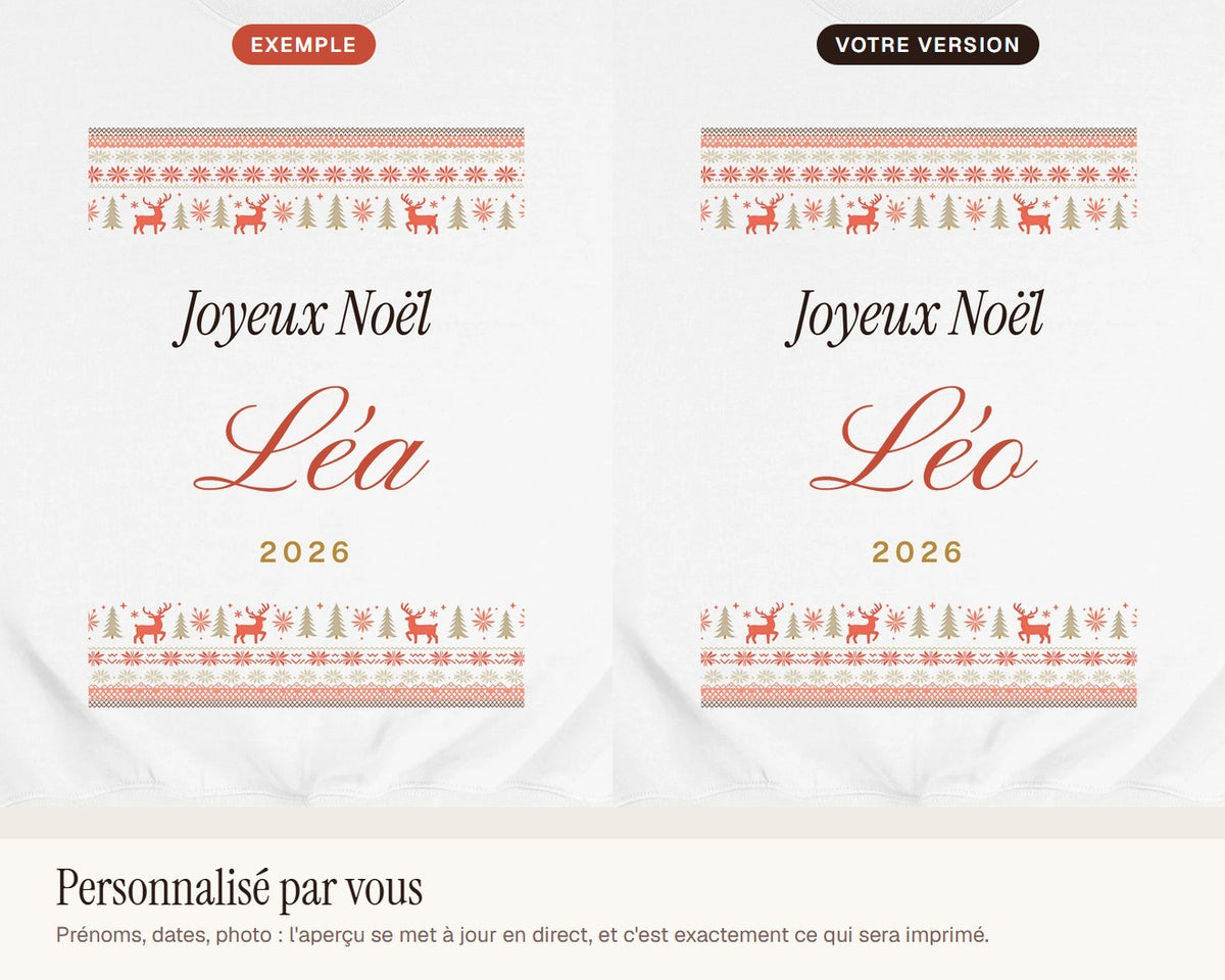 Pull de Noël personnalisé avec prénom (sweat) – exemple de personnalisation