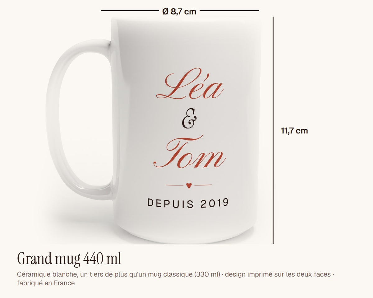 Mug personnalisé couple avec vos deux prénoms – grand mug 440 ml, 11,7 cm de haut