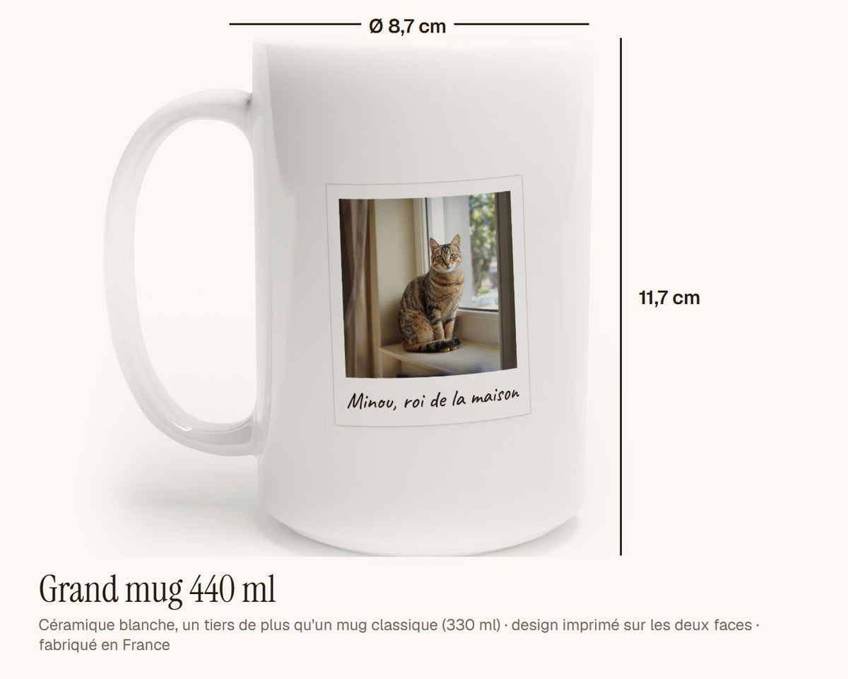 Mug personnalisé avec la photo de votre chat – grand mug 440 ml, 11,7 cm de haut