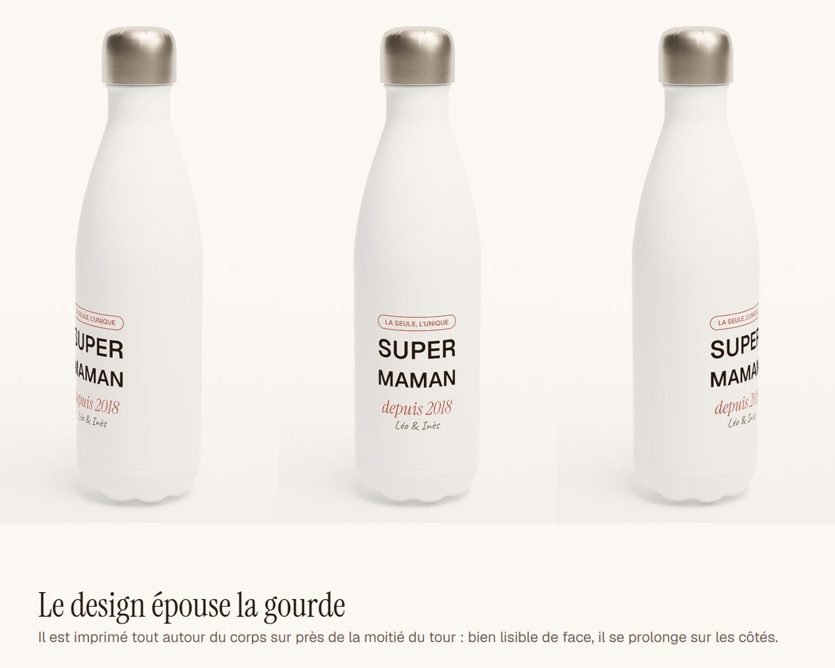 Gourde « Super Maman » personnalisée avec les prénoms – le design vu de face et de côté