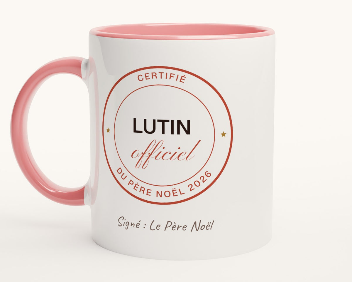 Mug enfant « Lutin officiel du Père Noël » personnalisé – intérieur et anse roses