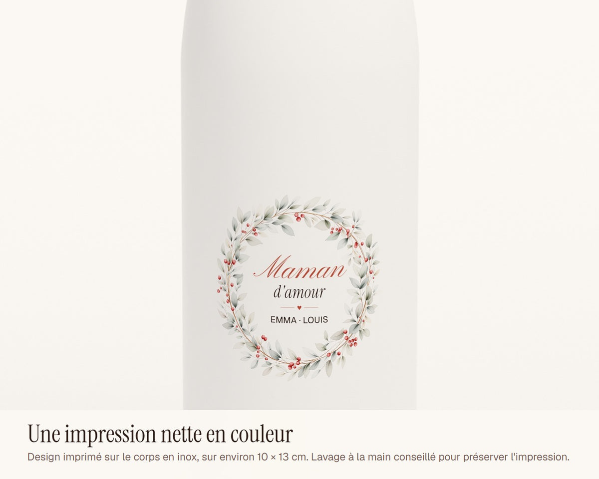 Gourde « Maman d'amour » personnalisée avec les prénoms – gros plan sur l'impression