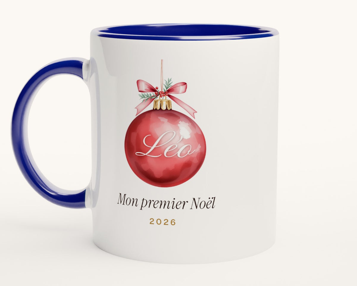 Mug « Mon premier Noël » personnalisé avec prénom – intérieur et anse bleus