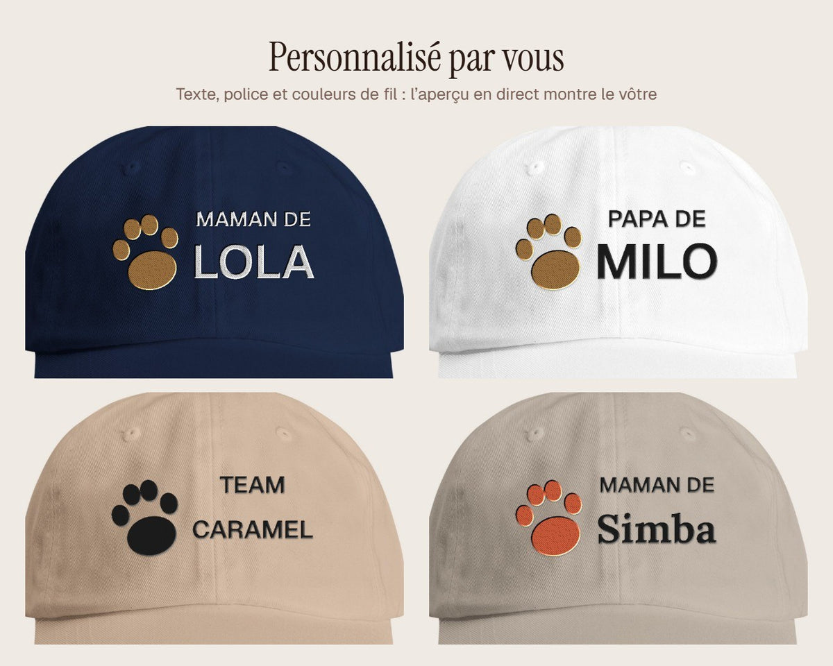 Exemples de personnalisation : Casquette brodée « Papa de » avec le nom de votre chien