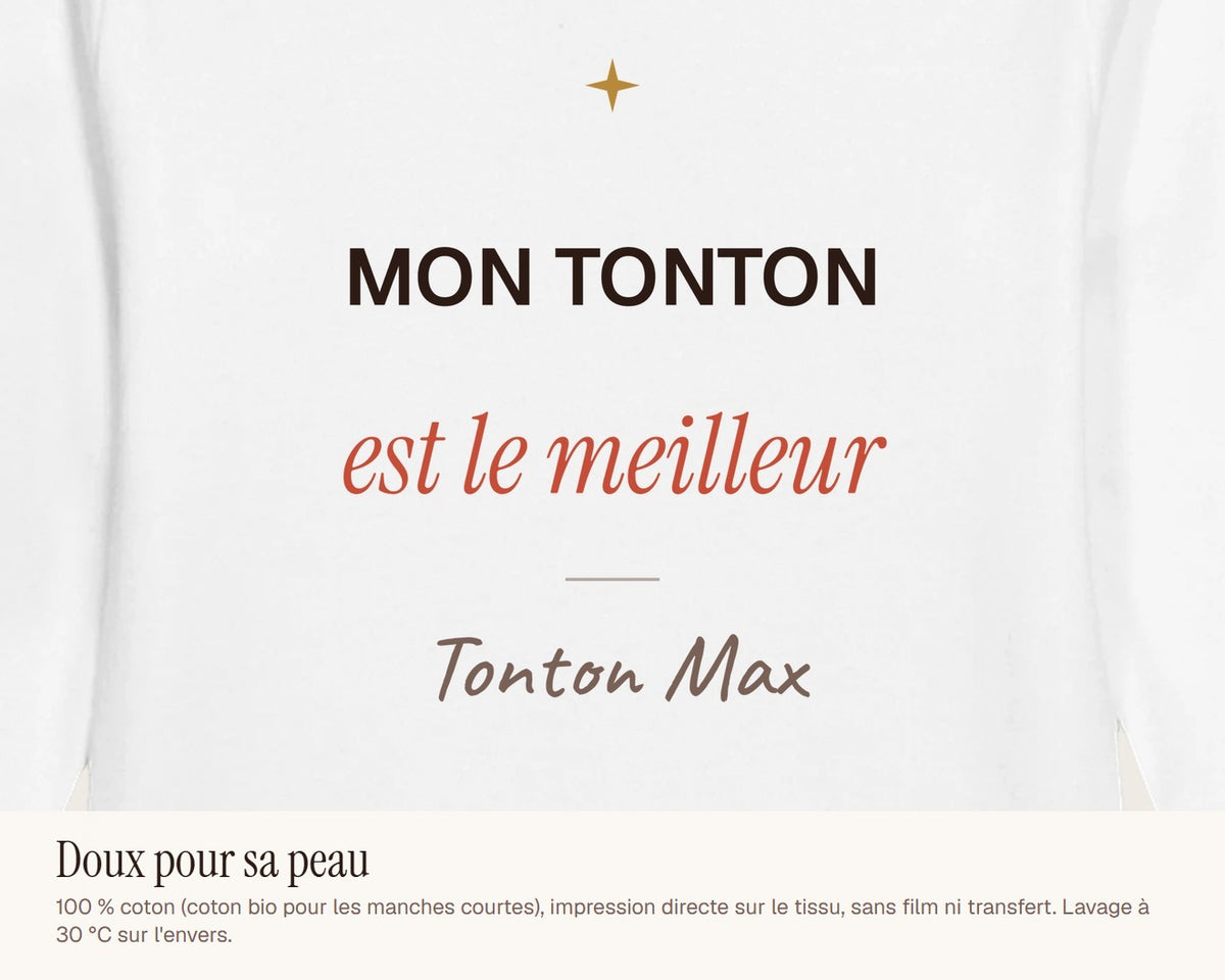 Body bébé « Mon tonton est le meilleur » personnalisé – gros plan sur l'impression