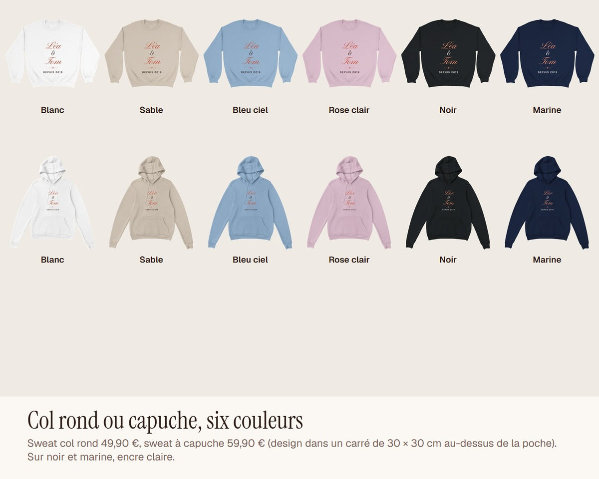 Sweat couple personnalisé avec vos prénoms – sweat col rond et sweat à capuche, six couleurs