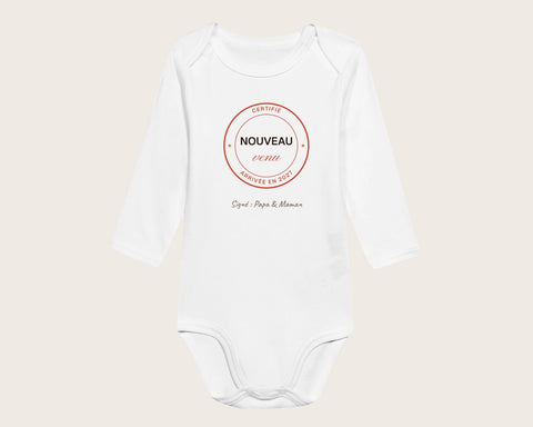 Body bébé annonce de grossesse « Nouveau venu » personnalisé – body manches longues blanc