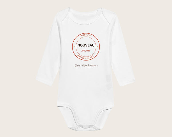 Body bébé annonce de grossesse « Nouveau venu » personnalisé – body manches longues blanc