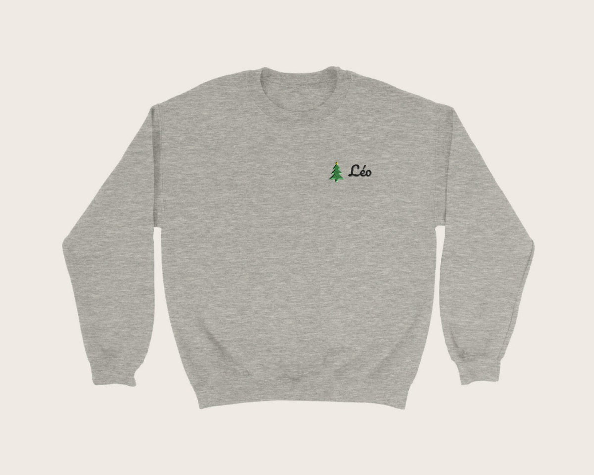 Sweat de Noël brodé avec prénom – sweat col rond gris chiné