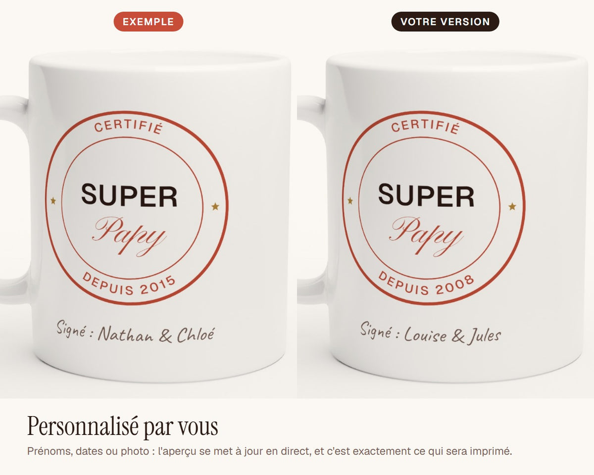 Mug « Super Papy certifié » personnalisé – exemple de personnalisation