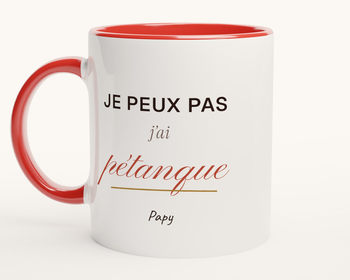 Mug humour « Je peux pas, j'ai pétanque » personnalisé – intérieur et anse rouges