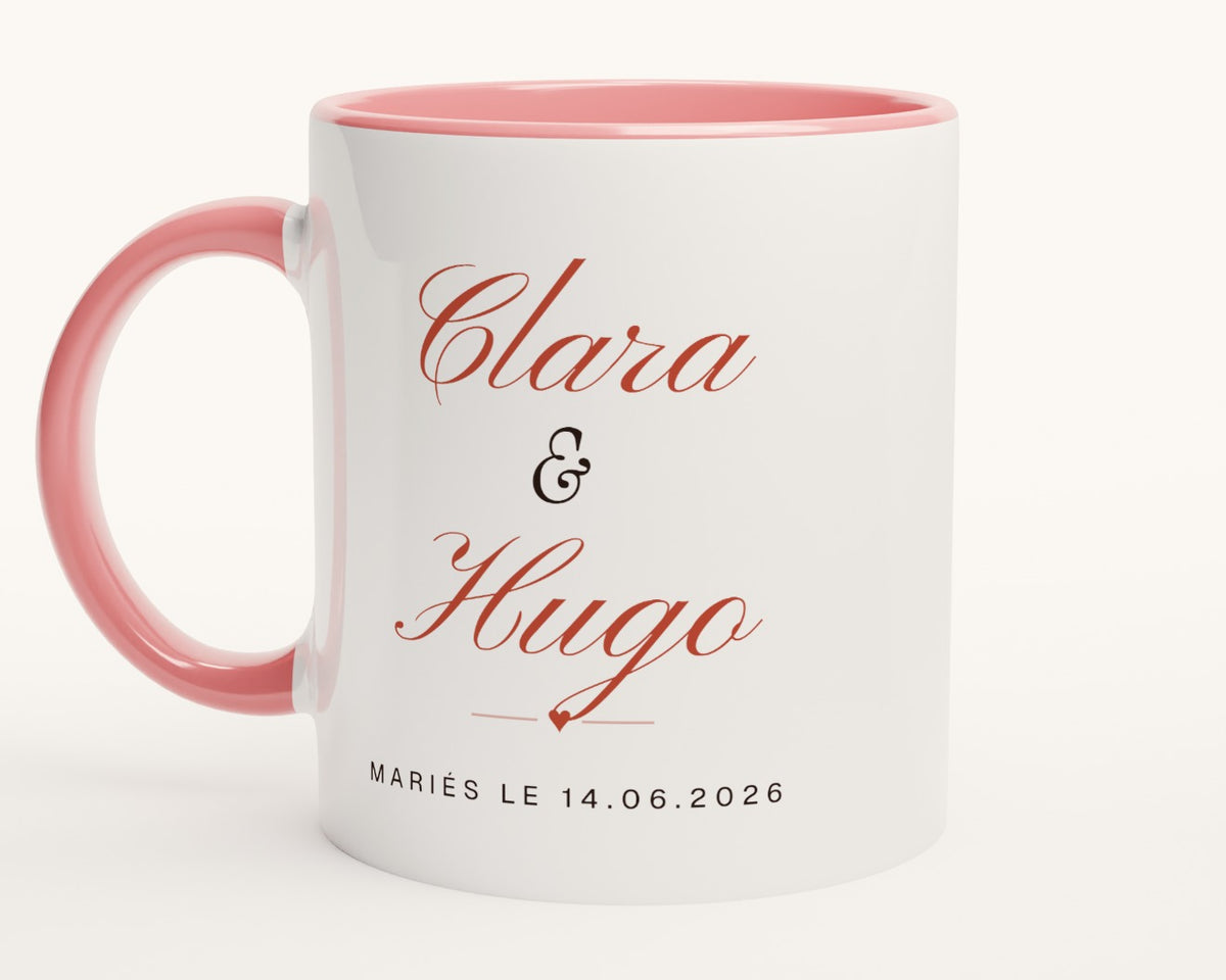 Mug personnalisé mariage avec la date – intérieur et anse roses
