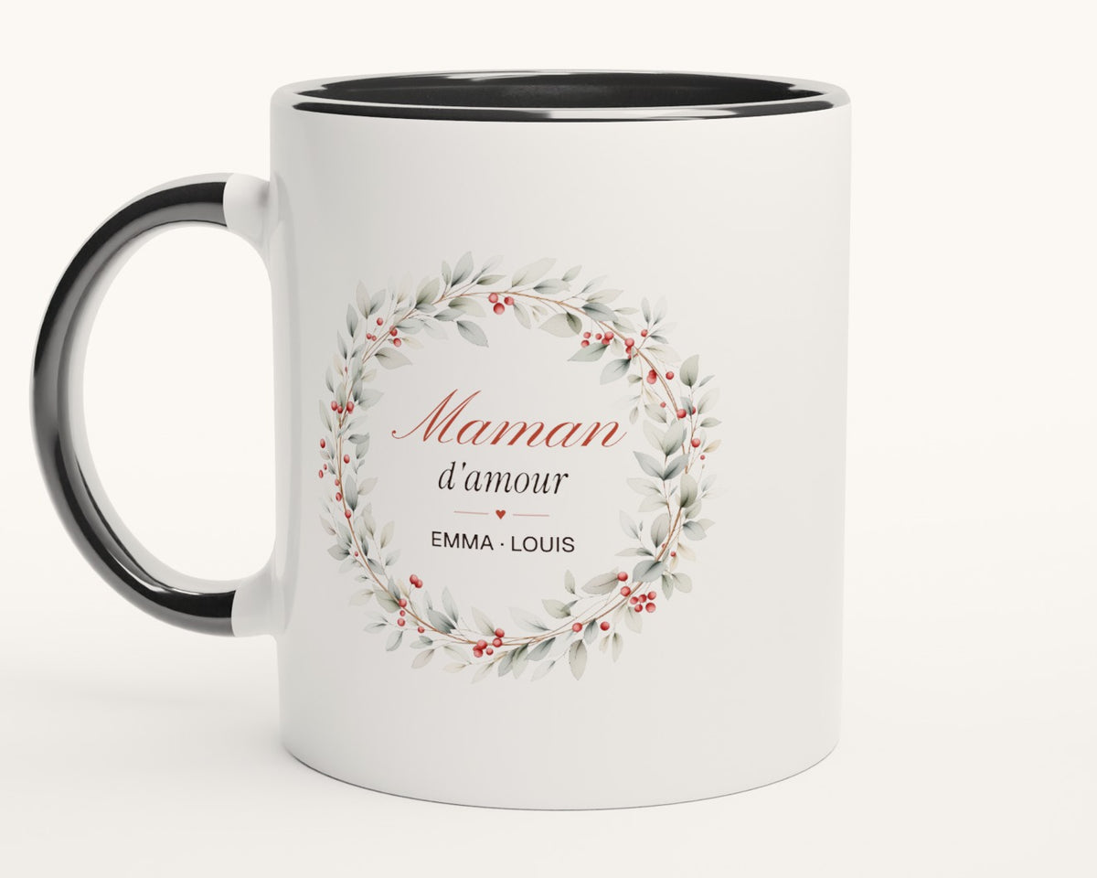 Mug personnalisé « Maman d'amour » avec les prénoms – intérieur et anse noirs