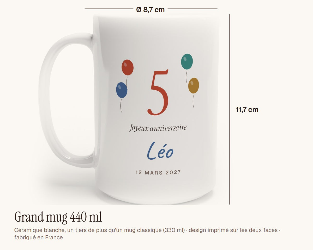 Mug anniversaire enfant personnalisé avec son âge – grand mug 440 ml, 11,7 cm de haut