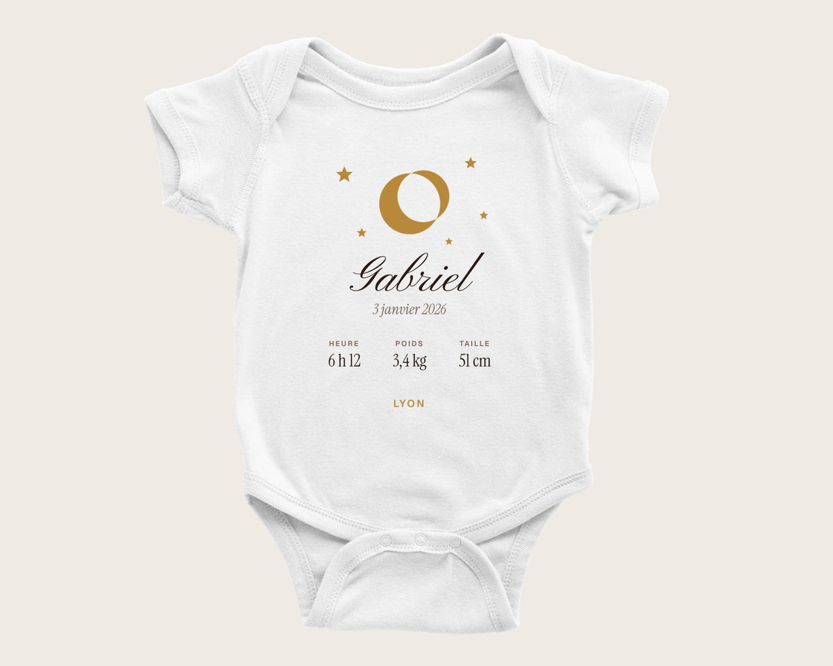 Body bébé personnalisé prénom, date et mensurations – body manches courtes blanc