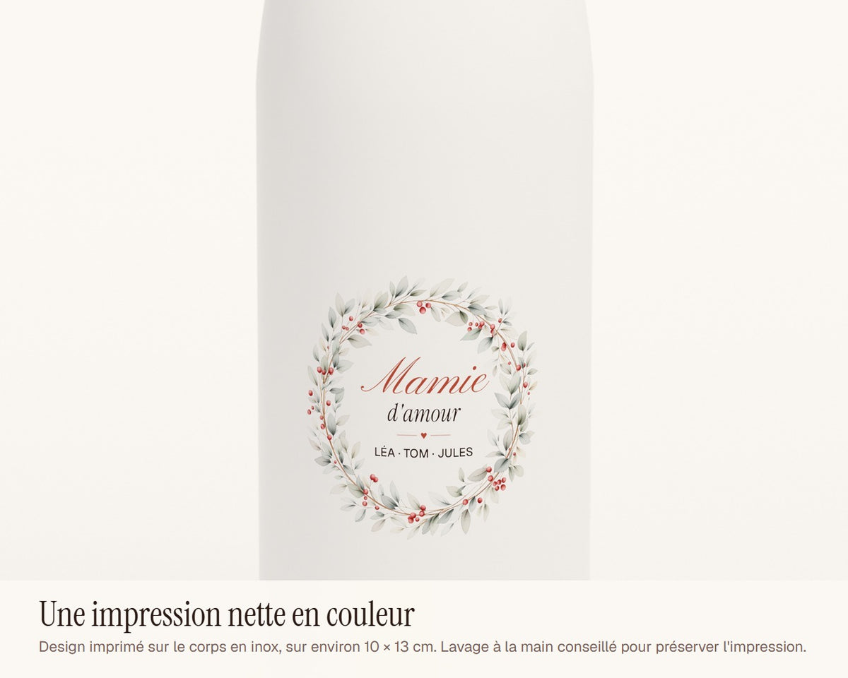 Gourde « Mamie d'amour » personnalisée avec les prénoms – gros plan sur l'impression