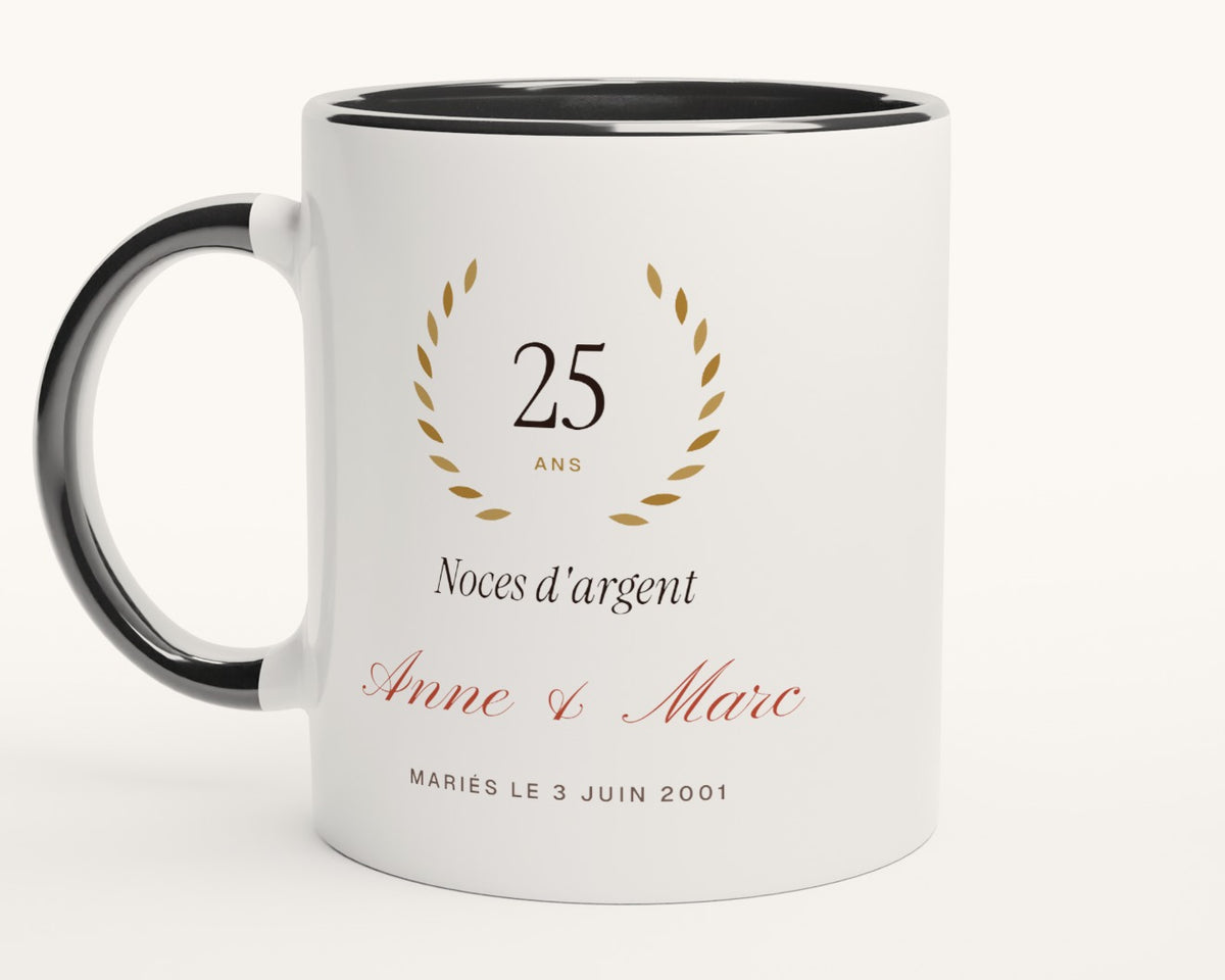 Mug anniversaire de mariage personnalisé (noces) – intérieur et anse noirs