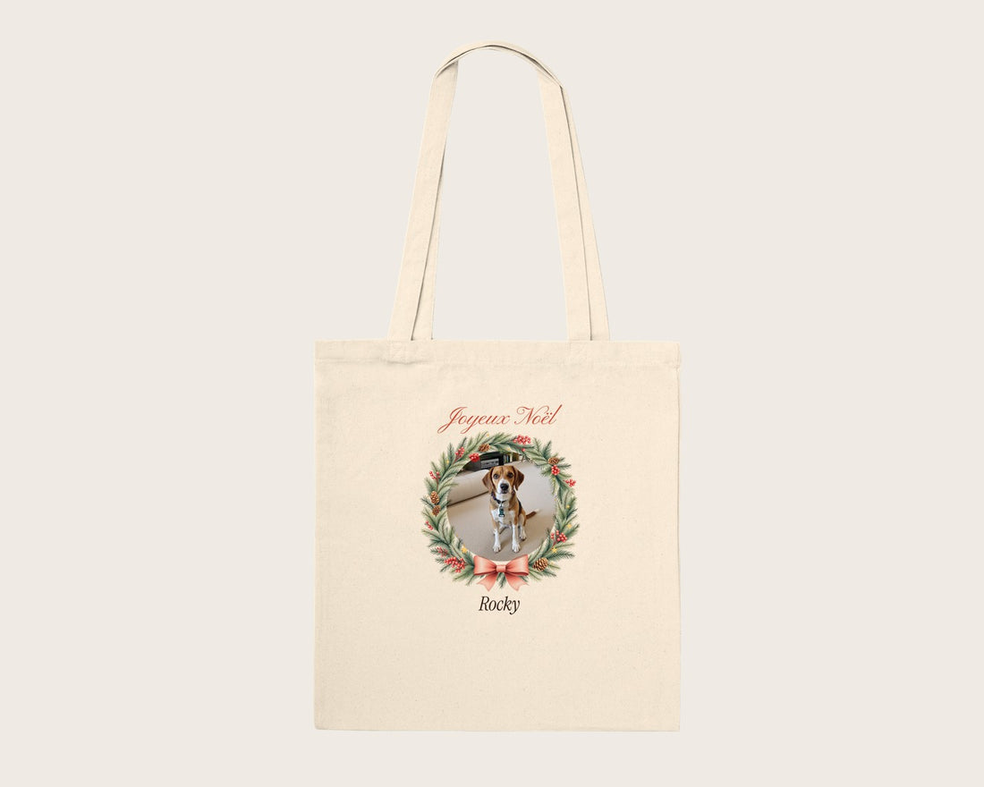 Tote bag de Noël avec la photo de votre chien – tote bag en coton naturel
