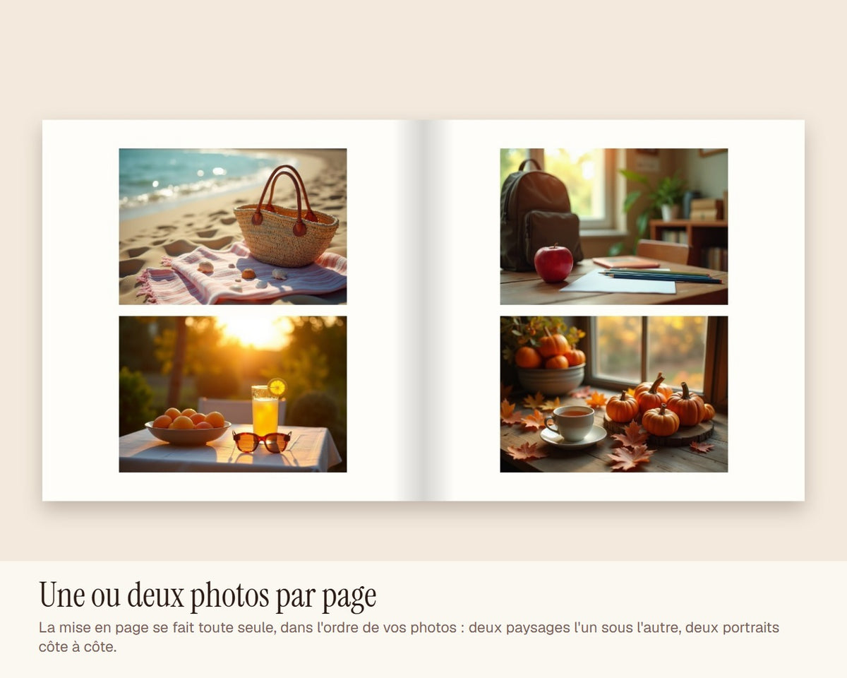 Livre photo personnalisé 20 × 20 cm, couverture rigide ou souple – une ou deux photos par page