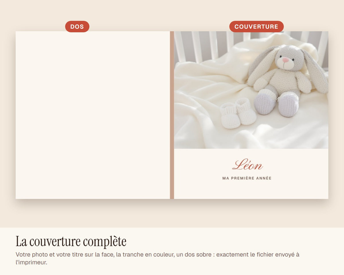Album photo de bébé personnalisé : sa première année – couverture à plat : dos, tranche et face