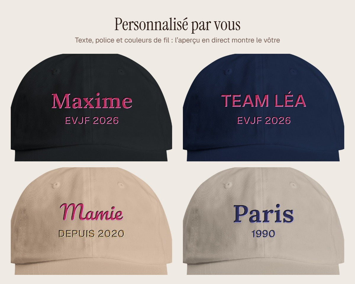 Exemples de personnalisation : Casquette EVJF brodée « Team mariée » personnalisée