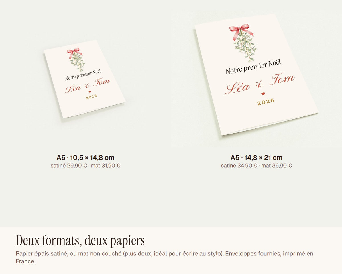 Carte de Noël couple sous le gui personnalisée (lot de 10) – formats A6 et A5