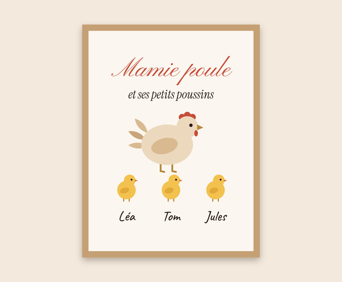 Affiche « Mamie poule » personnalisée avec les petits-enfants – Affiche encadrée bois