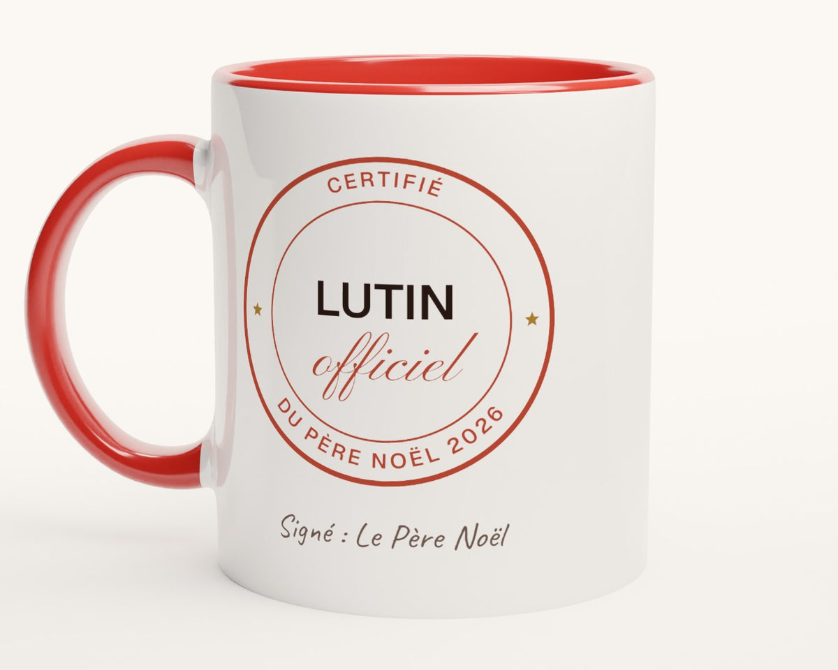 Mug enfant « Lutin officiel du Père Noël » personnalisé – intérieur et anse rouges