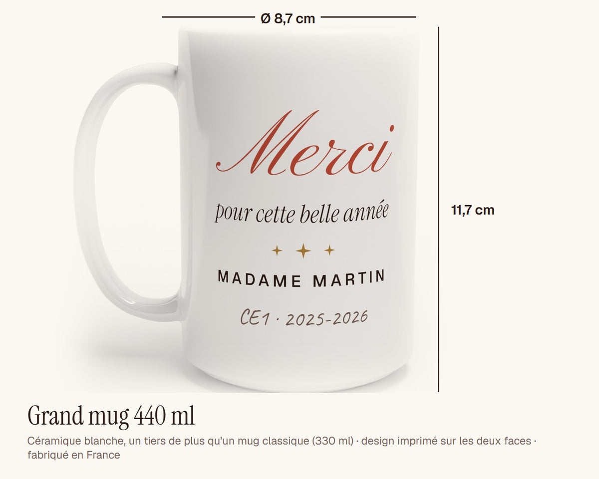 Mug personnalisé « Merci » pour professeur – grand mug 440 ml, 11,7 cm de haut