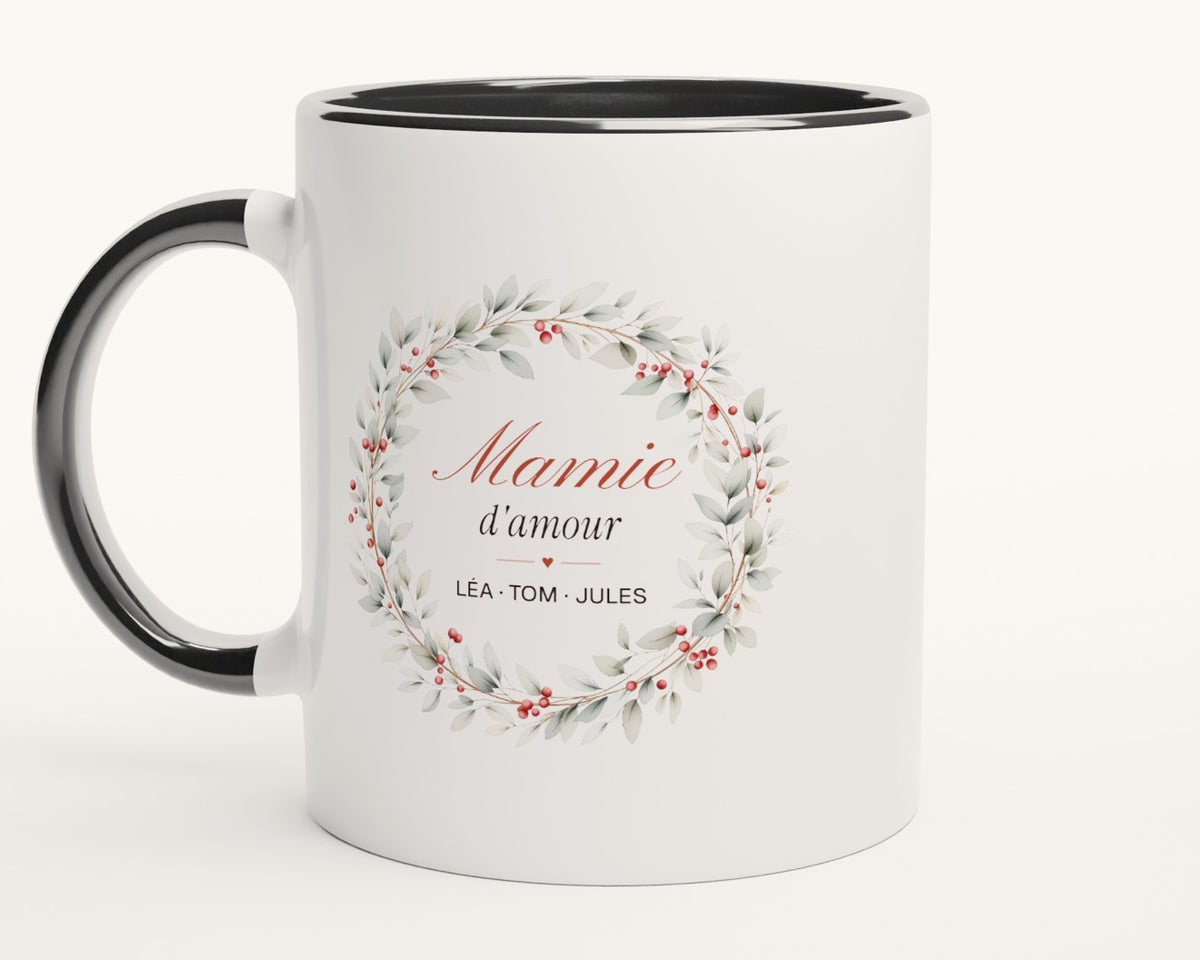 Mug personnalisé « Mamie d'amour » avec les prénoms – intérieur et anse noirs