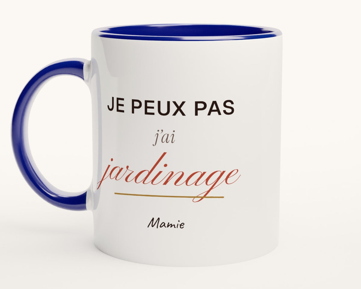 Mug humour « Je peux pas, j'ai jardinage » personnalisé – intérieur et anse bleus