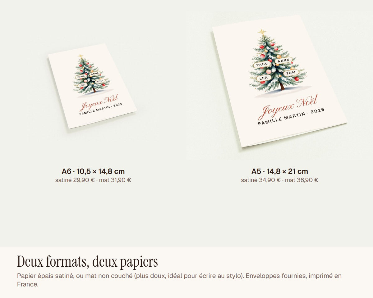 Carte de vœux sapin de famille personnalisée (lot de 10) – formats A6 et A5