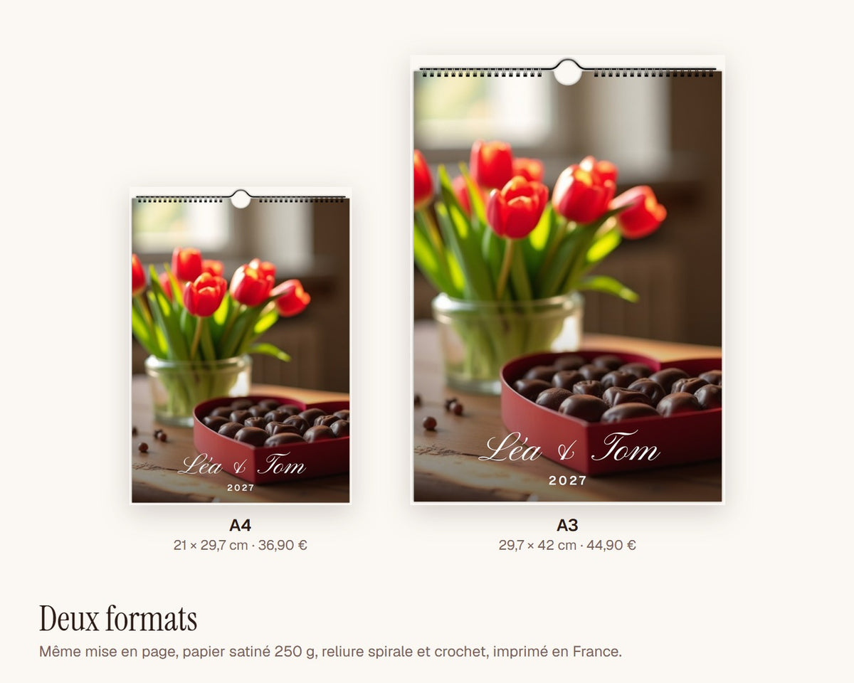 Calendrier photo 2027 de couple personnalisé – formats A4 et A3