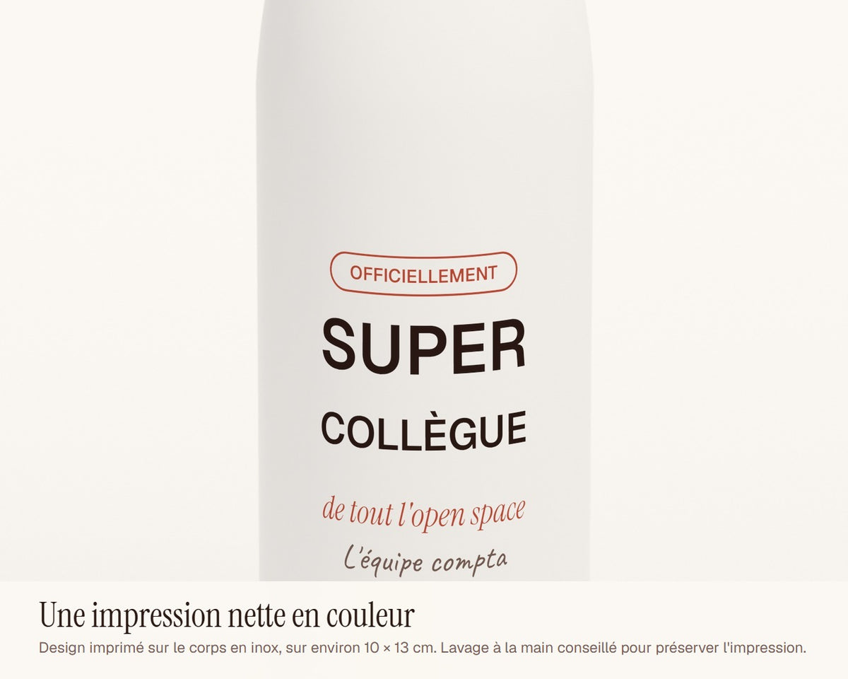 Gourde « Super collègue » personnalisée – gros plan sur l'impression