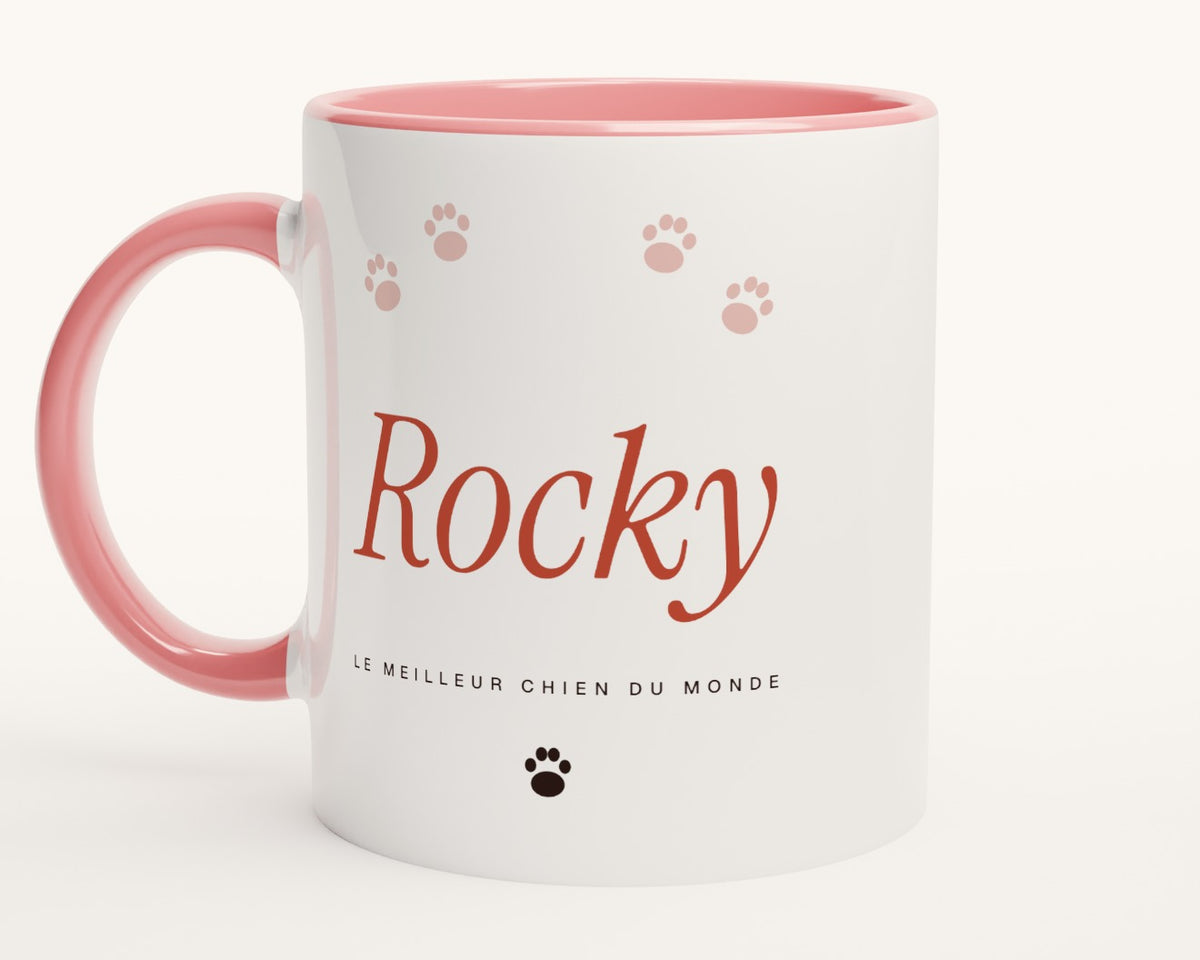 Mug « Le meilleur chien du monde » personnalisé – intérieur et anse roses