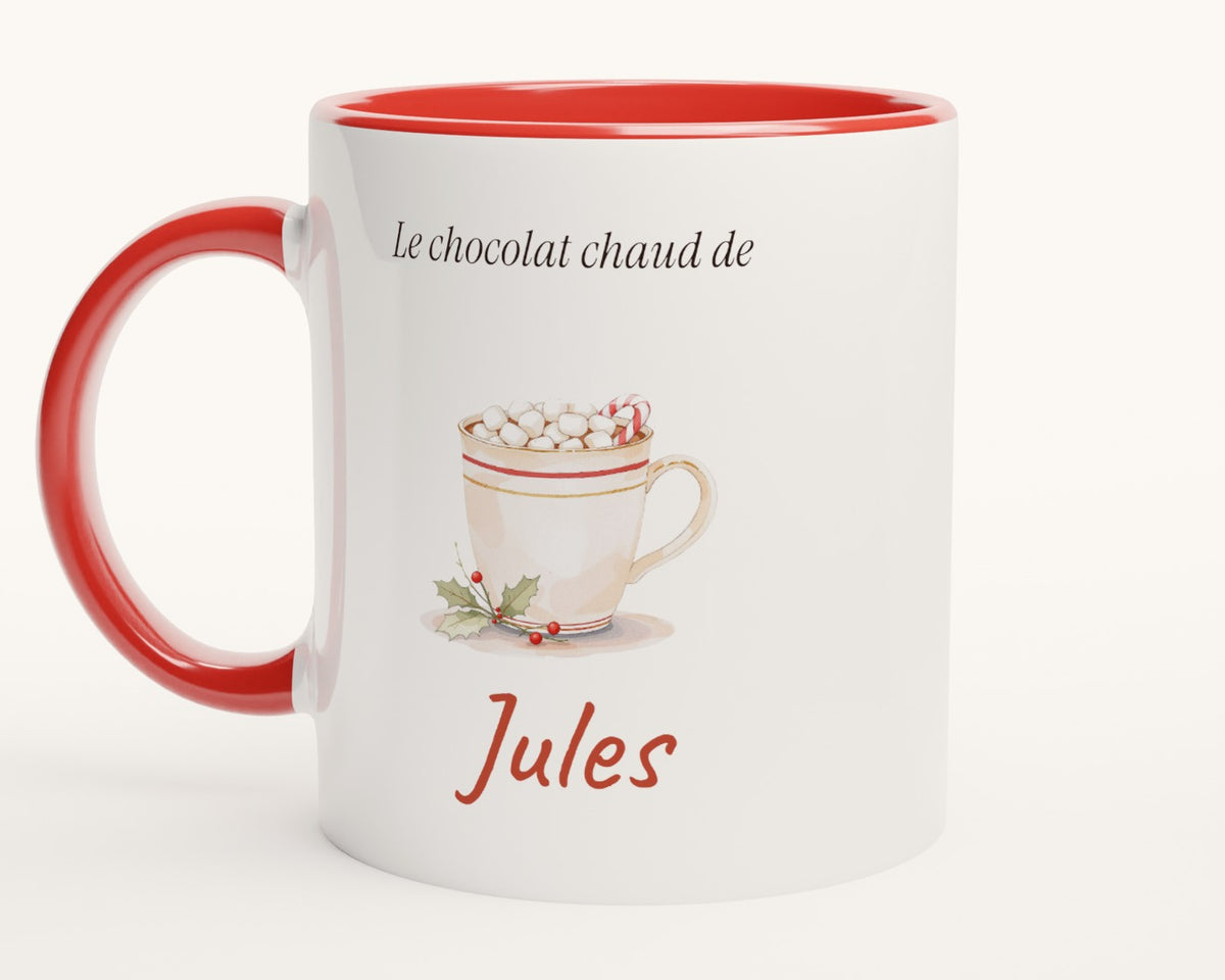 Mug enfant « Le chocolat chaud de… » personnalisé – intérieur et anse rouges